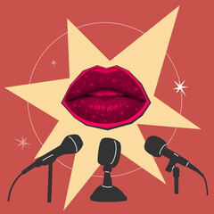 Vector illustration of stylized lips and microphones in pop art paper cut style with halftone texture, representing media voice, opinion, fame, and public expression.