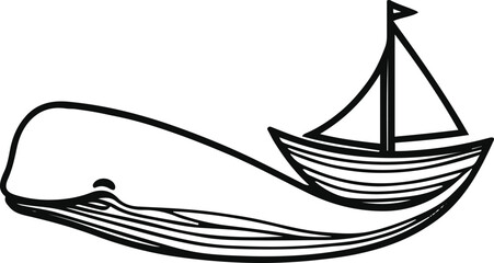 Minimalistic whale and boat composition in clean bold lines
