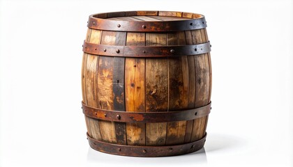Rustic wooden barrel with metal bands and riveted construction on white background for editorial beverage photography cooperage design and traditional storage-themed visuals
