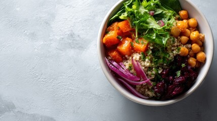 Healthy clean eating, quinoa buddha bowl, fresh ingredients, light background, overhead shot, long banner format, vibrant