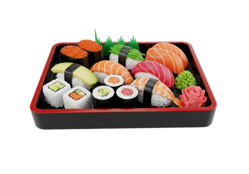 Assortment of sushi and rolls on a platter isolated on transparent background - Powered by Adobe