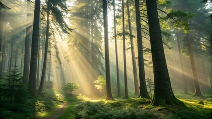 Naklejka premium Beautiful Rays of sunlight in a green forest 