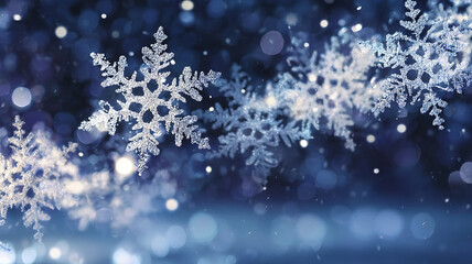 Blue background with frozen white snowflakes for Happy New Year and Christmas greetings.