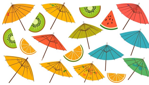 Vibrant Summer Cocktail Umbrellas and Fruit Slices Illustration.