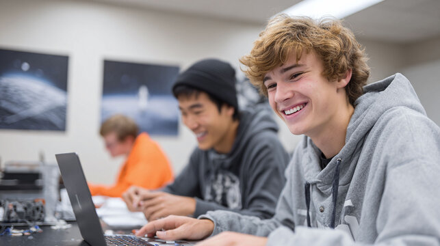 Happy students working together on laptops. Diverse teens coding, learning, and smiling. Teamwork, education, and bright futures concept. Perfect for web, print, or presentations.