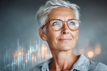 Close-up portrait of a smiling senior woman with short gray hair and eyeglasses, looking up optimistically against a backdrop of financial data charts and market trends
