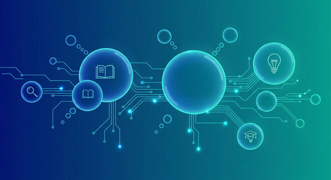 Futuristic digital concept showcasing interconnected glowing spheres with icons representing education, technology, and online learning. design emphasizes remote and self paced learning modern