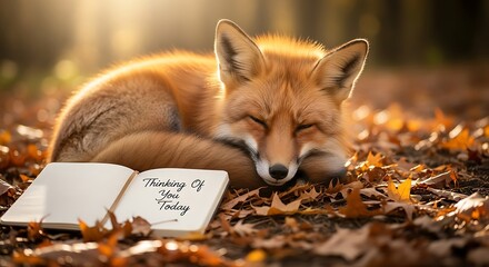 A sleeping fox rests on autumn leaves next to an open book