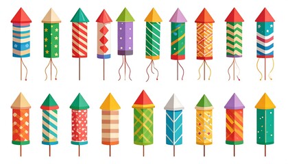 Obraz premium Colorful firework rockets on white background