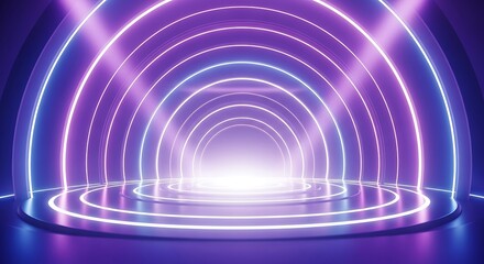 Obraz premium Futuristic neon archway tunnel with glowing purple and blue lights