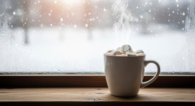 A steaming cup of hot cocoa sits on a wooden sill, with snow gently falling outside the frosted window, creating a cozy winter atmosphere.