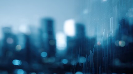 Modernistic cityscape with skyscrapers, overlaid with a digital screen and financial graphs, serving as a background for a financial or business concept.