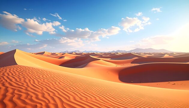 A vast desert scene featuring rolling sand dunes under a bright, blue sky