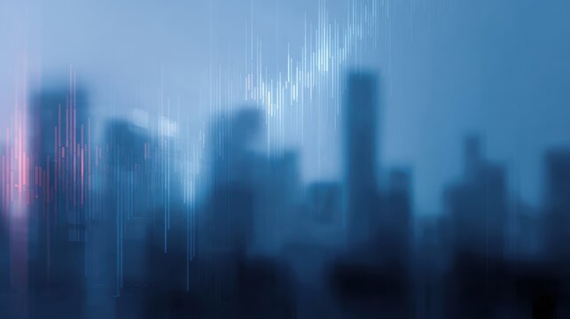 Modernistic cityscape with skyscrapers, overlaid with a digital screen and financial graphs, serving as a background for a financial or business concept.