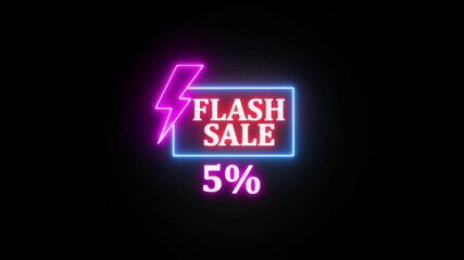 Blue and purple neon sign promoting a flash sale with a bold -5% discount. Perfect for showcasing digital marketing and e-commerce promotions