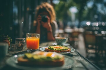 A bright and airy brunch scene featuring avocado toast, orange juice, and coffee, with a photographer capturing the moment, bathed in soft natural light.