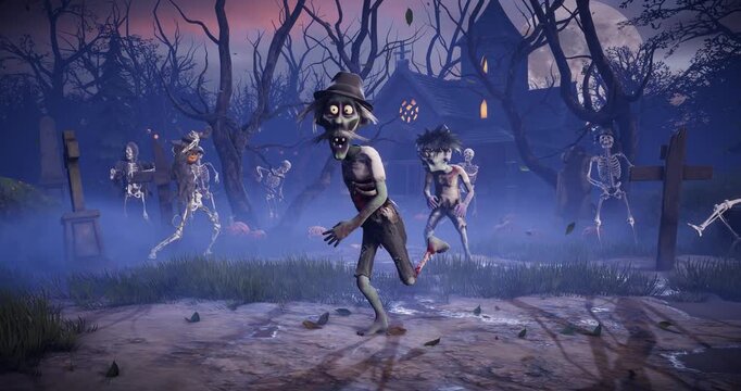 Halloween party. Funny zombies dancing among glowing pumpkins in the light of the full moon in a scary gothic cemetery. 3D animated background for holiday cards, invitations, posters, events, parties