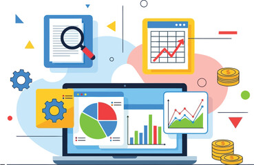 Digital marketing analytics dashboard data visualization laptop screen showing charts graphs and pie charts flat design vector illustration isolated on transparent background