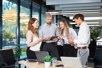 Business people, team, employees or collaboration with digital tech for planning, networking or diversity