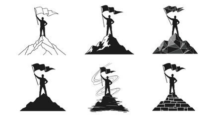 PrintAchievement illustration, mountain peak, flag, success concept, black and white, vector art, leadership, goal reached, stylized summit, victory pose