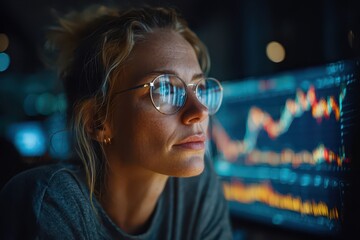 A focused woman with glasses analyzes stock market data on a computer screen, carefully monitoring financial charts and trends for investment opportunities and strategic decisions.