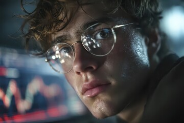 A focused young man wearing glasses intently analyzes a financial chart on the screen, sweat gleaming on his face in the dim light, investing concept