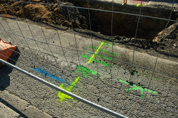 Construction site with colorful road markings