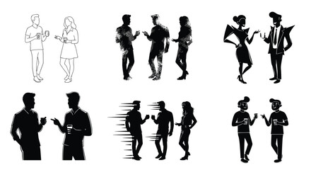 PrintBlack and white illustration, people talking, social interaction, casual conversation, communication, silhouette, cartoon style, expressive gesture, vector art, drinks