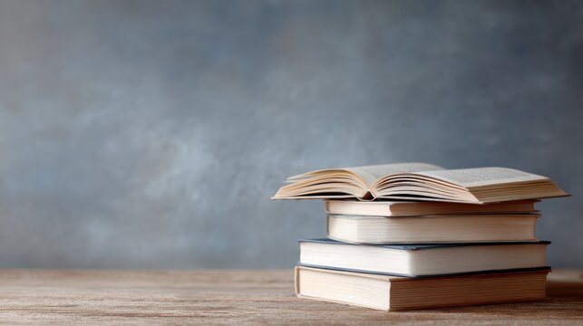 Back to school composition: A prominent open book on a neat stack of hardbacks, all on a wooden surface. Generous free space for copy.