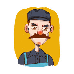 hand drawn illustration worker with mustache  and yellow  back ground