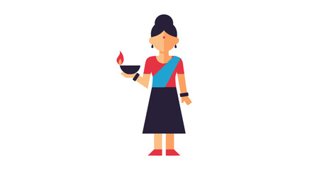 A flat vector illustration of an Indian woman in traditional clothing holding a lit diya oil lamp.
