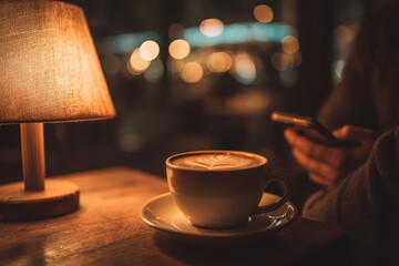 Cozy evening with coffee and phone, a person enjoys a relaxing break with a cup of cappuccino, lit by a warm lamp creating a pleasant and inviting atmosphere