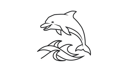 Line Art Illustration of a Happy Dolphin Jumping Over Ocean Waves.