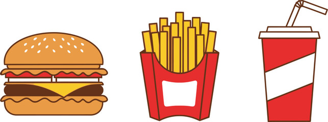 Classic american fast food meal a delicious hamburger french fries and a soda drink flat design vector illustration isolated on transparent background