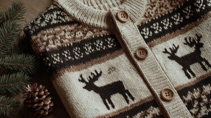 Christmas cardigan flat lay. Button-up knit with reindeer pattern. Brown and beige Nordic style
