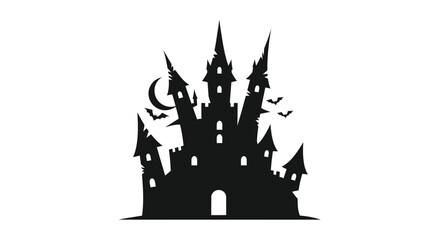 Spooky black castle silhouette with sharp spires flying bats and a crescent moon.