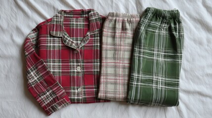 Festive pajama set flat lay. Plaid flannel pattern. Red and green checkered design. Cozy sleepwear