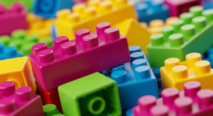 Vibrant plastic building blocks scattered in a captivating pile, inspiring creativity and educational playtime for children to construct and explore