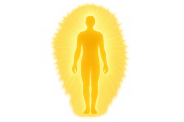 Human silhouette emanating bright golden aura, showing spiritual energy body, healing, and meditation concepts, transparent background