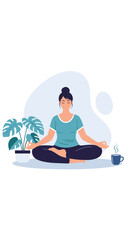 Obraz premium A woman meditates peacefully at home with plants and a coffee cup.