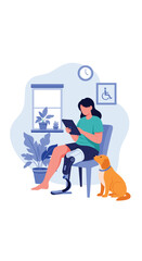 Obraz premium A woman with a prosthetic leg sits reading a tablet with her dog nearby.