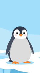 Fototapeta premium A cute cartoon penguin stands on an iceberg in a cold arctic landscape.