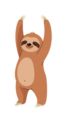 Obraz premium A cute brown sloth doing a yoga pose with its arms raised and eyes closed.