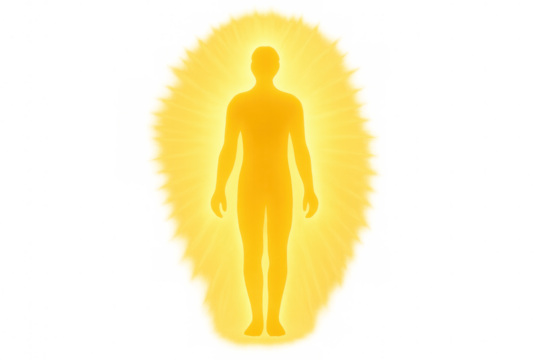 Human silhouette emanating bright golden aura, showing spiritual energy body, healing, and meditation concepts, transparent background