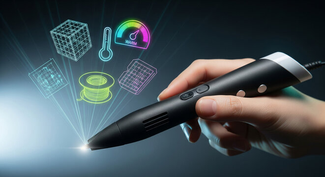 Hand holding a 3d printing pen, projecting holographic icons of a cube, filament spool, thermometer, and gauge, representing innovation and digital creation in technology and manufacturing