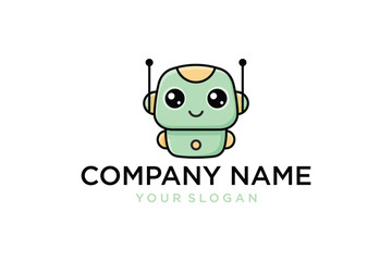 Cute Cartoon Robot Character Logo with Company Name and Slogan