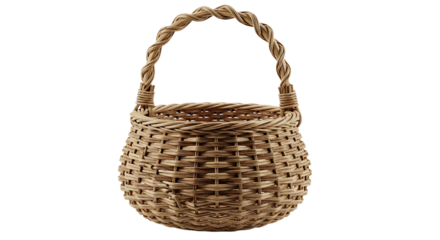 Woven natural fiber basket with twisted handle isolated on transparent background