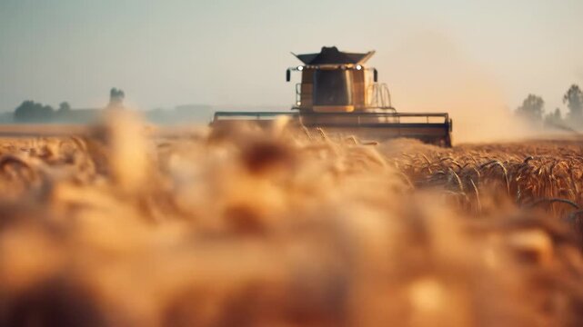 Agricultural machines work across golden wheat fields under the summer sun, capturing the essence of rural life.