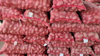 Fresh potatoes neatly packed in red transparent mesh bags displayed in rows at traditional vegetable market for local wholesale trade