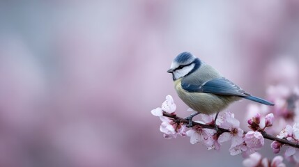 Obraz premium Blue tit (Parus caeruleus) perched on a blossoming branch